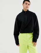 Asos Design Oversized Cropped Sweatshirt With Half Zip In Black - Black