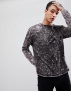 Asos Design Relaxed Longline Long Sleeve T-shirt With Curved Hem And Random Bleach Wash In Washed Black - Gray