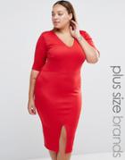 Praslin Plus V Neck Pencil Dress With Front Split - Red