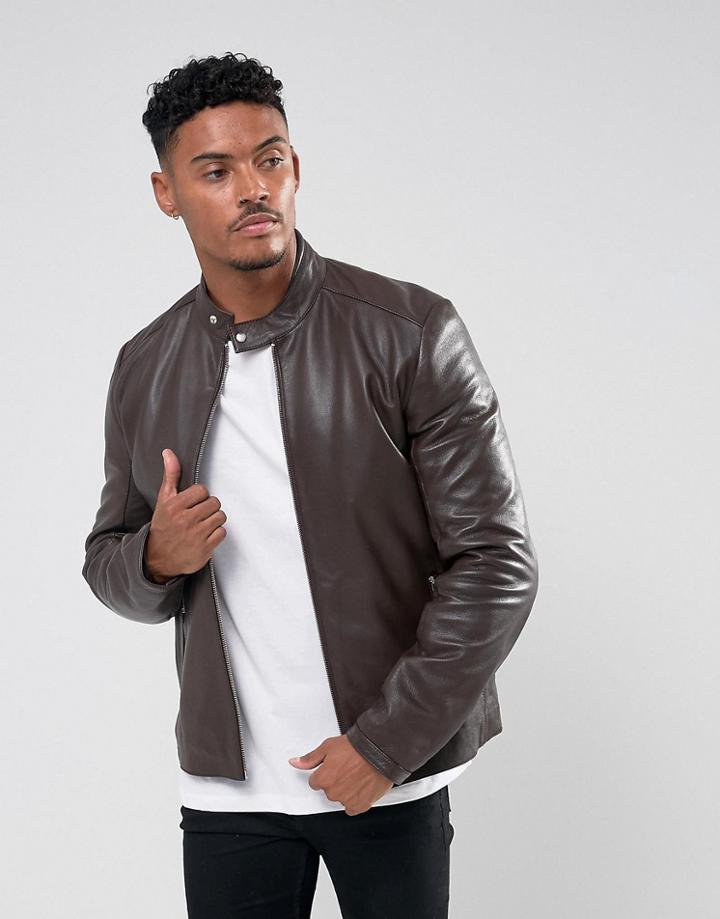 Asos Design Leather Biker Jacket In Brown - Brown