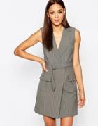 Missguided Pin Stripe Wrap Belt Blazer Dress - Gray