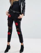 Missguided Riot Embroidered Rose Mom Jeans - Black