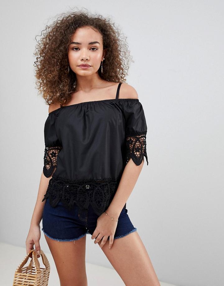 Qed London Off Shoulder Crochet Top - Black