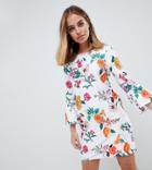 Asos Design Petite Botanical Shift Mini Dress With Fluted Sleeves-multi