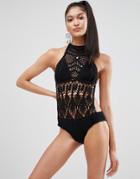Missguided High Neck Crochet Swimsuit - Black