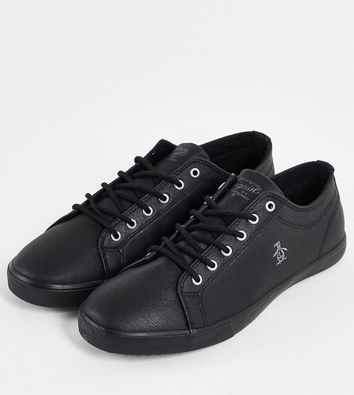 Original Penguin Wide Fit Minimal Lace Up Sneakers In Black