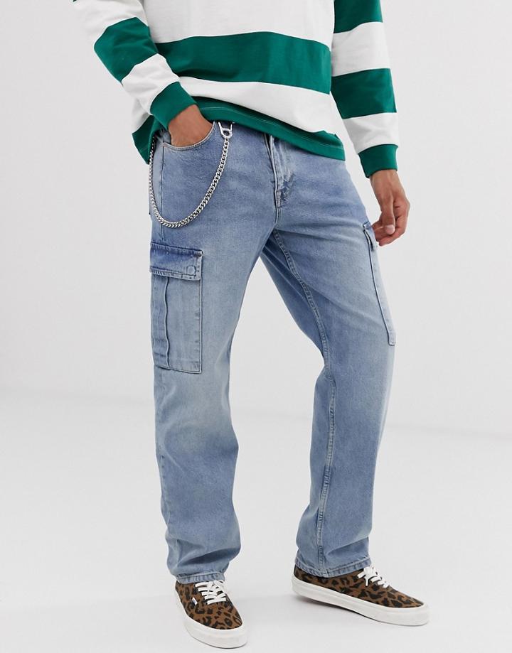 Asos Design Straight Fit Cargo Jeans In Vintage Light Wash Blue - Blue