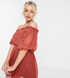 Asos Design Petite Off Shoulder Mini Dress With Blouson Sleeve In Self Stripe In Rust-brown