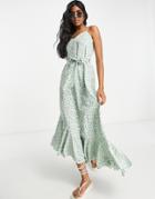 Qed London Cami Strap Asymmetric Hem Midi Dress In Green Floral