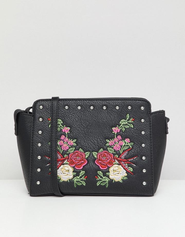 Park Lane Embroidered Floral Crossbody Bag - Black