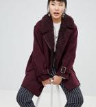 Monki Faux Fur Collar Coat-red