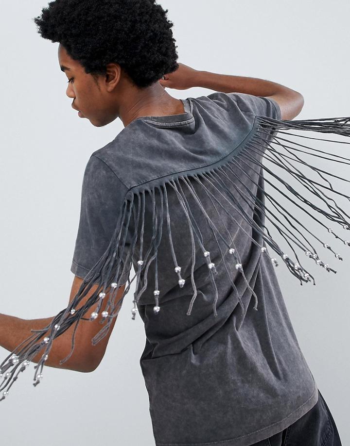 Asos Design Longline T-shirt With Back And Sleeve Beaded Fringing In Acid Wash - Gray