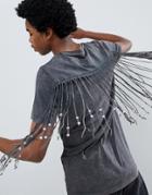 Asos Design Longline T-shirt With Back And Sleeve Beaded Fringing In Acid Wash - Gray