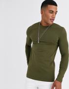 Asos Design Muscle Fit Long Sleeve T-shirt With Crew Neck In Khaki-green