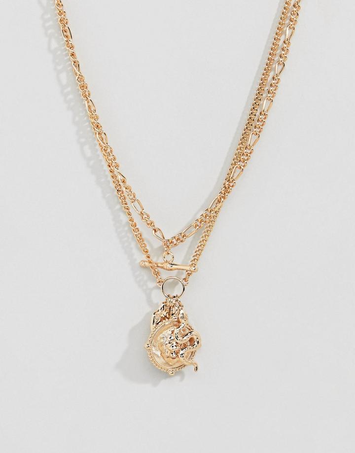 Asos Design Multirow Necklace With Vintage Style Toggle Charms In Gold - Gold