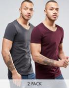 Asos 2 Pack Muscle Fit T-shirt In Black/red With Scoop Neck Save - Multi
