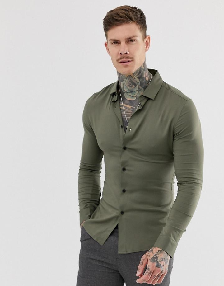 Asos Design Muscle Viscose Shirt In Khaki