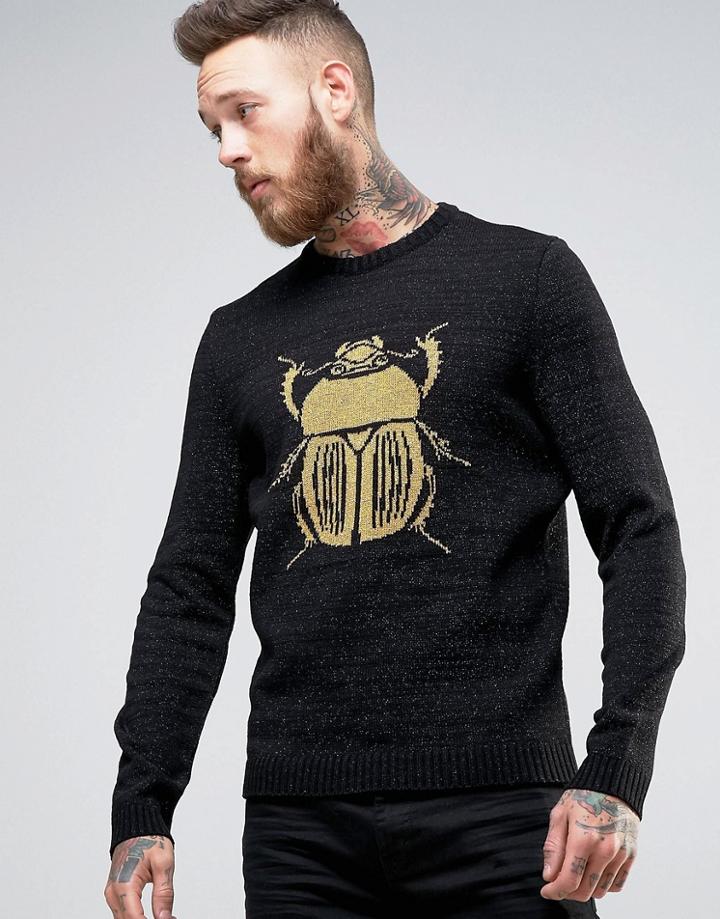 Asos Sweater In Metallic Yarn With Gold Beetle - Black