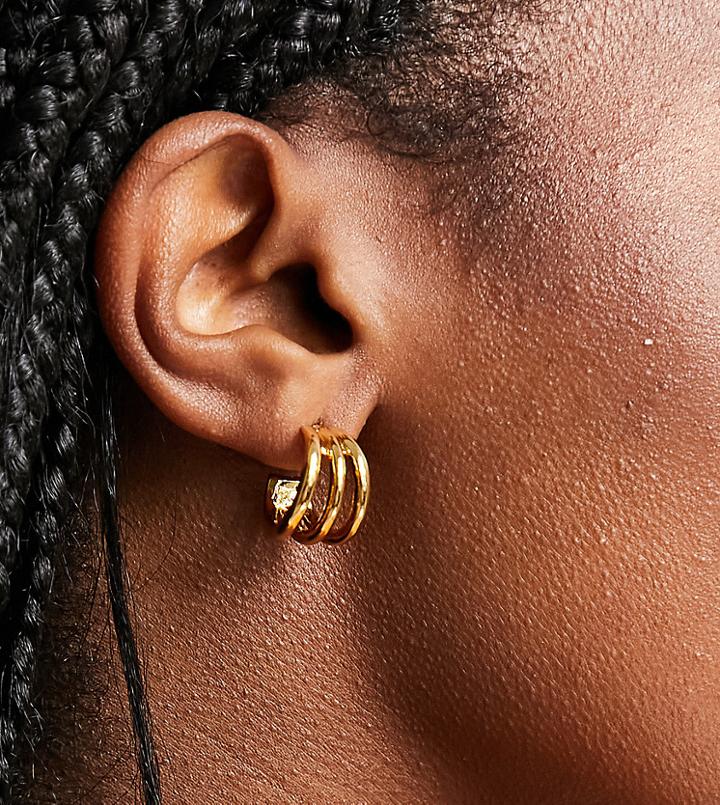 Asos Design 14k Gold Plated Hoop Earrings With Small Triple Row Design