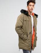 Another Influence Hooded Parka Jacket With Faux Fur Hood - Green