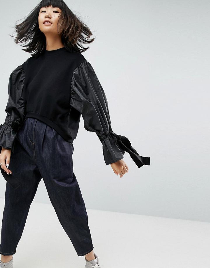 Asos White Oversized Curve Hem Sweat With Woven Arms - Black