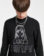 Asos Design Relaxed Long Sleeve T-shirt In Black Organic Cotton With Anime Print