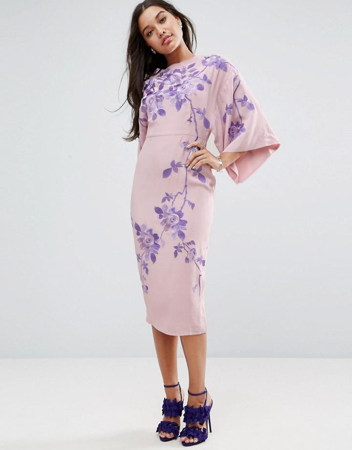 Asos Embroidered Kimono Midi Dress - Beige