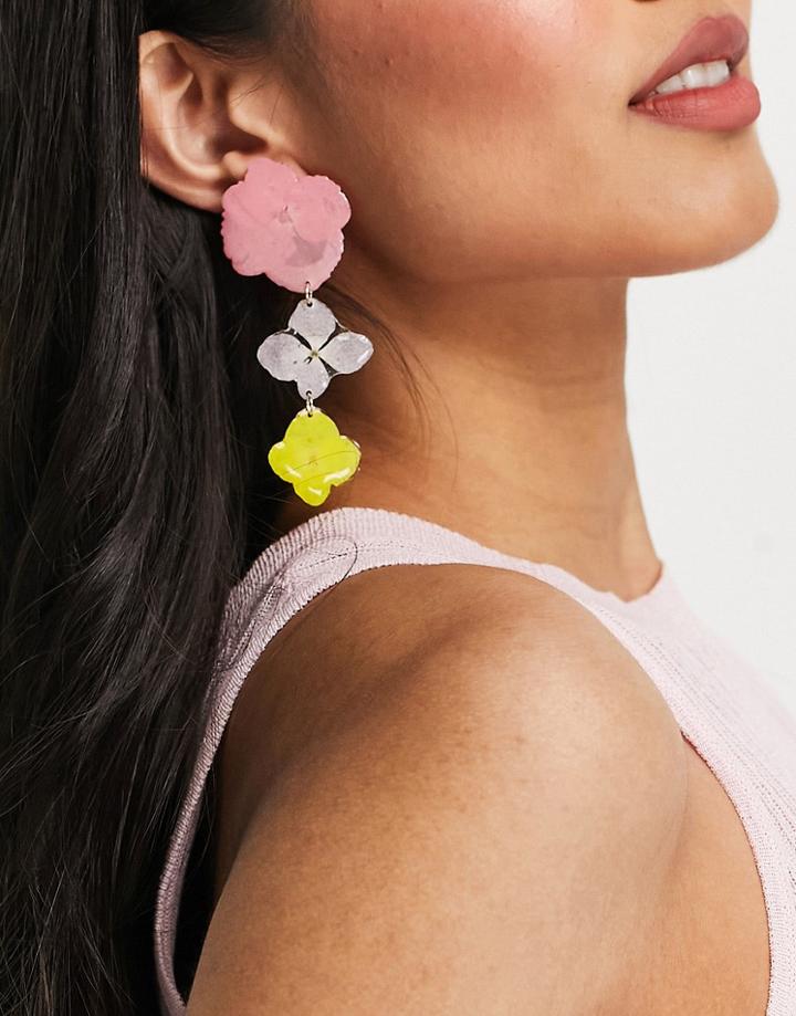 Asos Design Earrings With Trapped Flower Drop In Pink Multi-gold