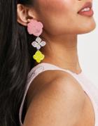 Asos Design Earrings With Trapped Flower Drop In Pink Multi-gold