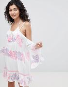 South Beach Cold Shoulder Hibiscus Floral Print Beach Dress With Tassel Detail - Multi