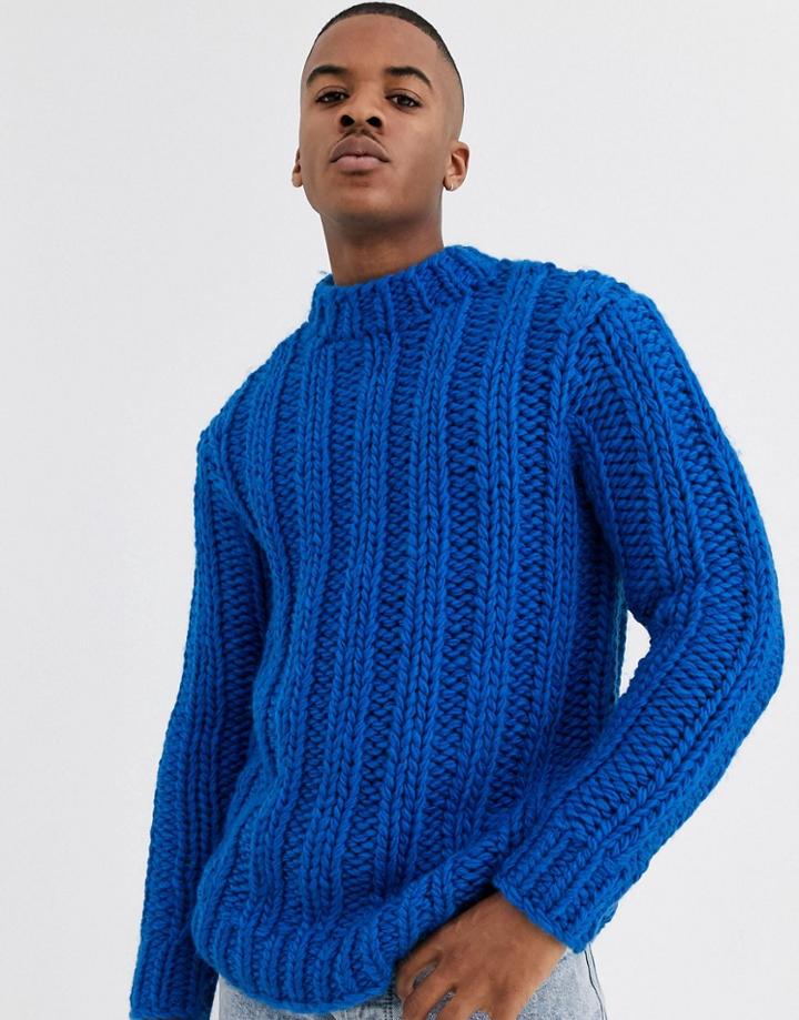Asos Design Heavyweight Hand Knitted Rib Sweater In Colbalt Blue