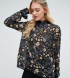 Y.a.s Tall Floral High Neck Shirt With Fluted Sleeve - Black