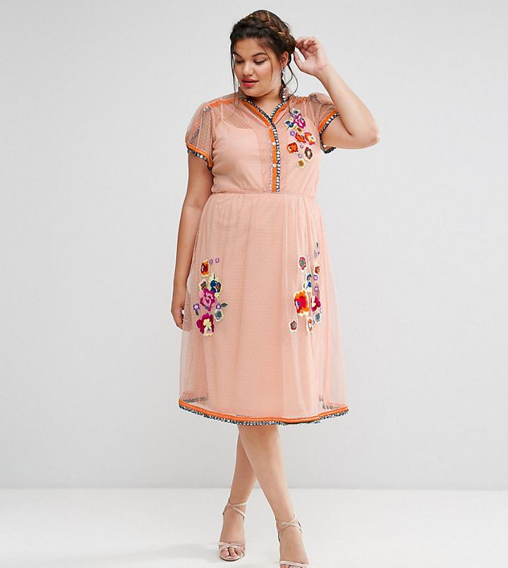 Asos Curve Premium Mesh Skater Midi Dress With Embellishment & Embroidery - Orange