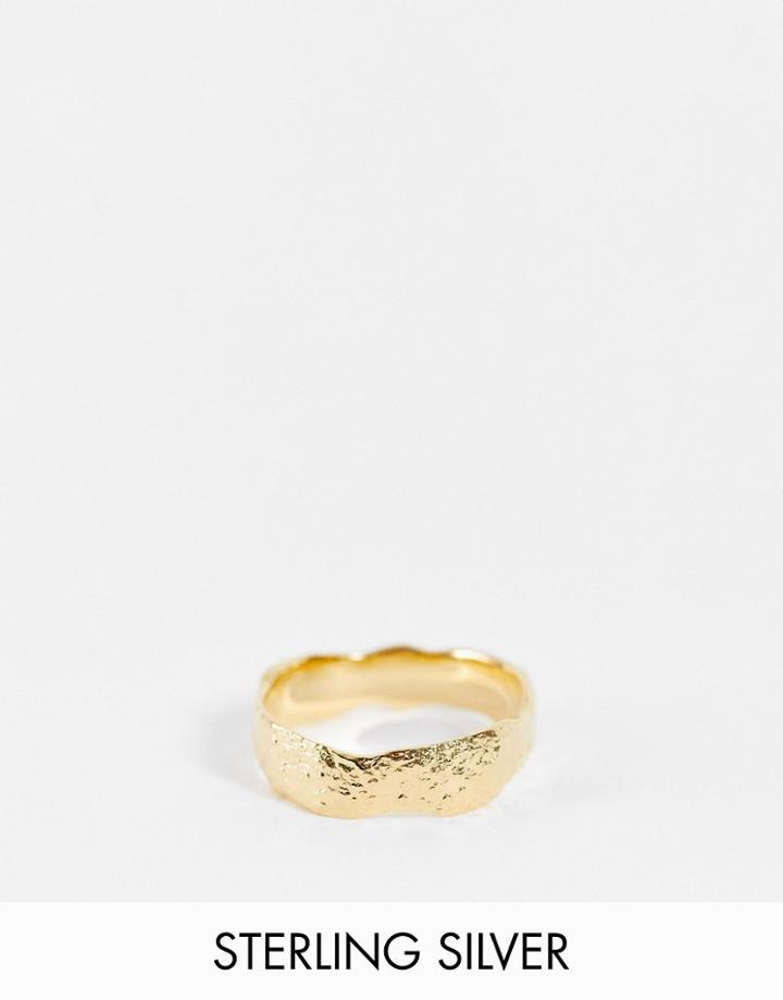 Asos Design Sterling Silver Ring With Molten Effect In 14k Gold Plate