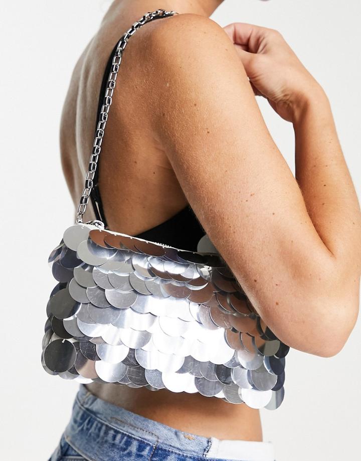 Topshop Gina Sequin Shoulder Bag In Silver-blue