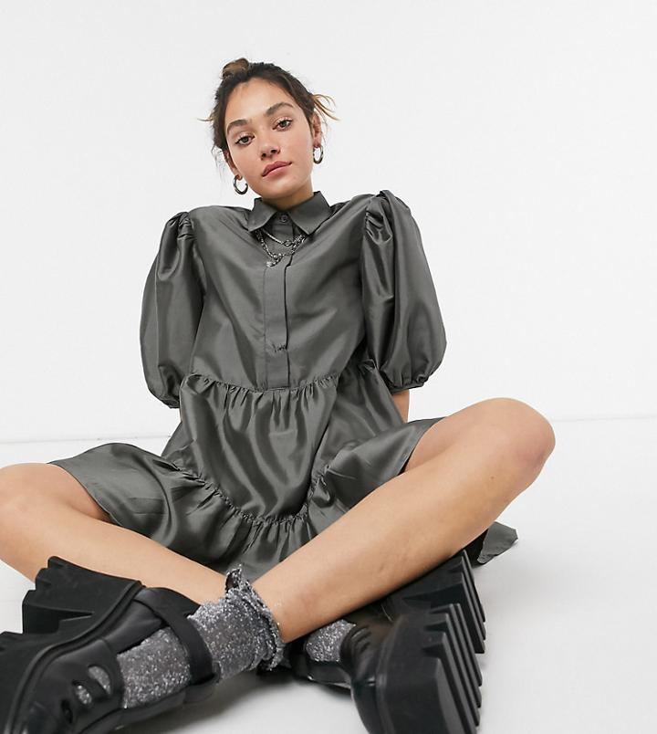 Collusion Tiered Taffeta Smock Dress In Gray-green