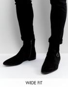 Asos Wide Fit Chelsea Boots In Black Suede With Strap Buckle Detail - Black