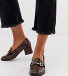 Asos Design Wide Fit Stirrup Mid-heeled Loafers In Conker Snake - Brown