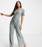 Asos Design Tall Bubble Crepe Short Sleeve Tea Culotte Jumpsuit In Sage-green