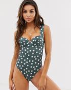 Asos Design Cupped Underwired Swimsuit In Khaki Polka Dot - Multi