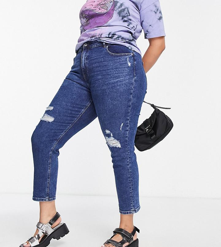 Only Curve Careneda Distressed Mom Jeans In Medium Blue