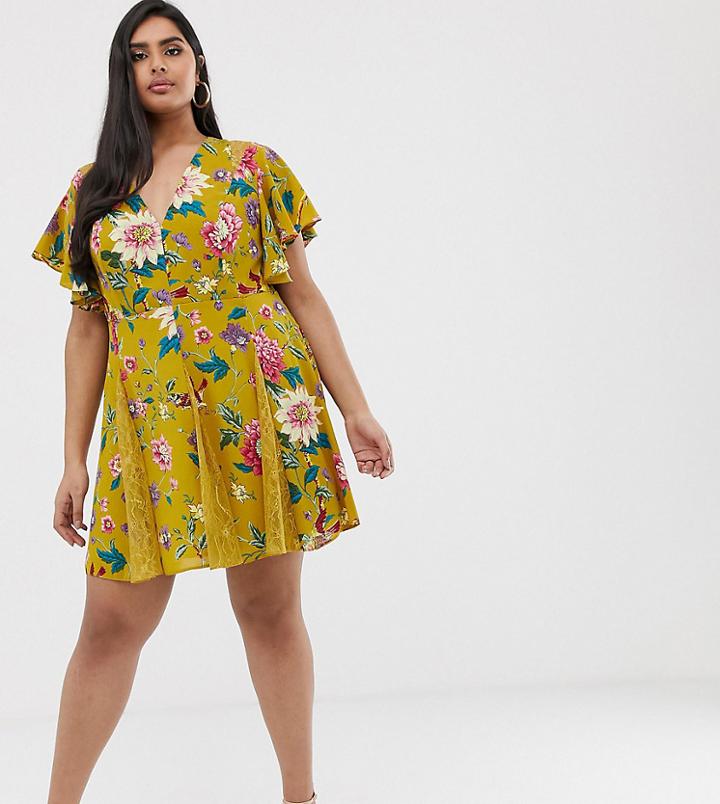 Asos Design Curve Mini Dress With Godet Lace Inserts In Floral Bird Print - Multi