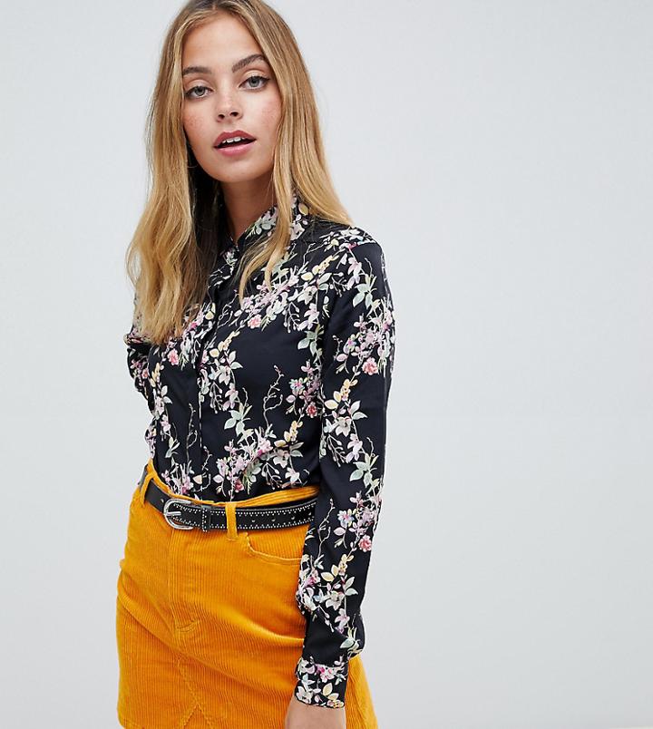 Brave Soul Petite Dymphna Floral Print Shirt - Navy
