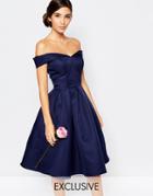 Chi Chi London Midi Prom Dress With Full Skirt And Bardot Neck - Navy