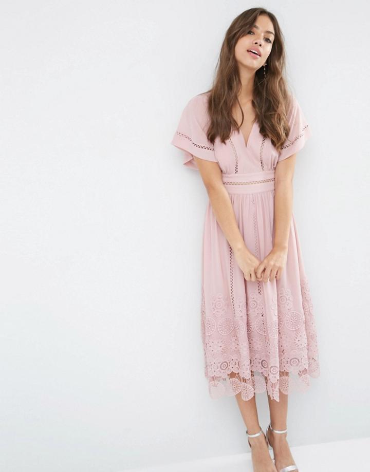 Asos Premium Ladder And Guipre Lace Hem Midi Dress - Pink