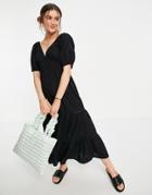 Asos Design Shirred Waist Broderie Insert Maxi Dress In Black