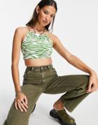 Bershka Cropped Halterneck Top With Strappy Back In Khaki Zebra Print-green
