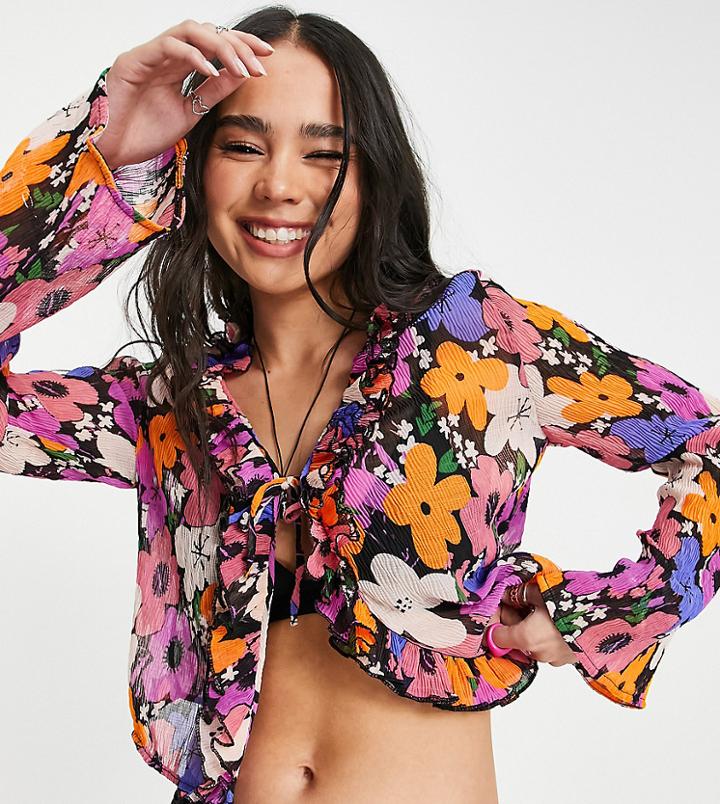Collusion Crinkle Tie Front Ruffle Blouse In Floral Print-multi