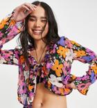 Collusion Crinkle Tie Front Ruffle Blouse In Floral Print-multi