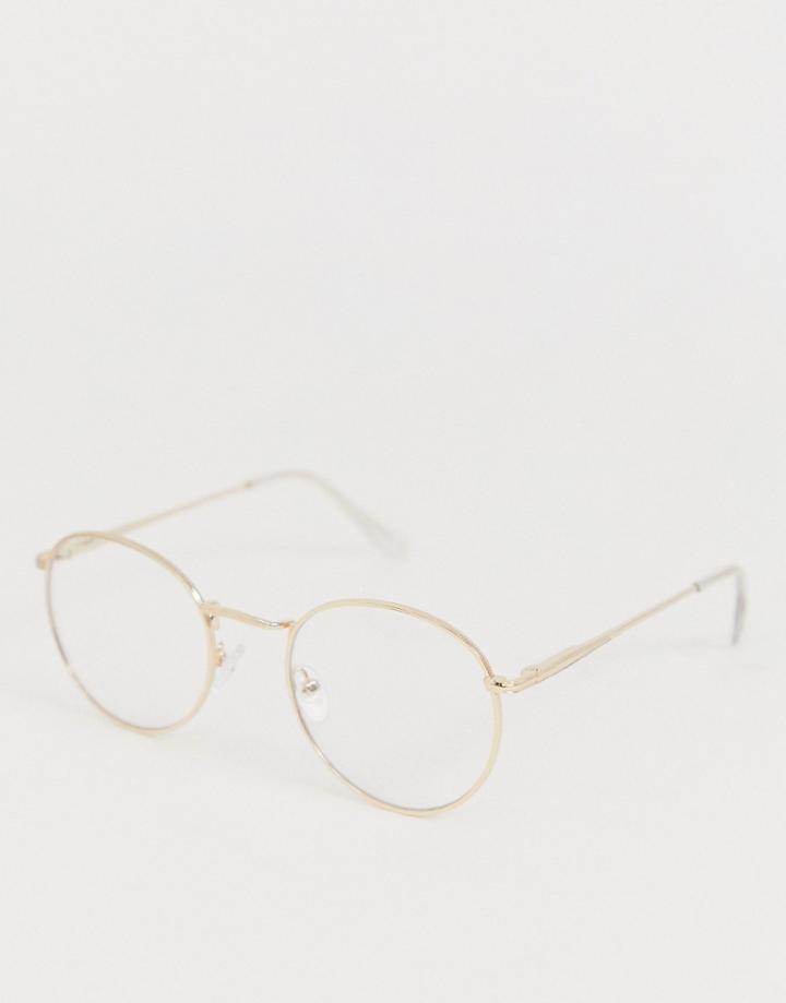 Asos Design Round Fashion Glasses In Gold Metal With Clear Lenses